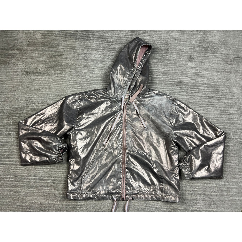 Ashley Sunrise Collection Windbreaker Women Medium Silver Metallic Hooded Zip Up